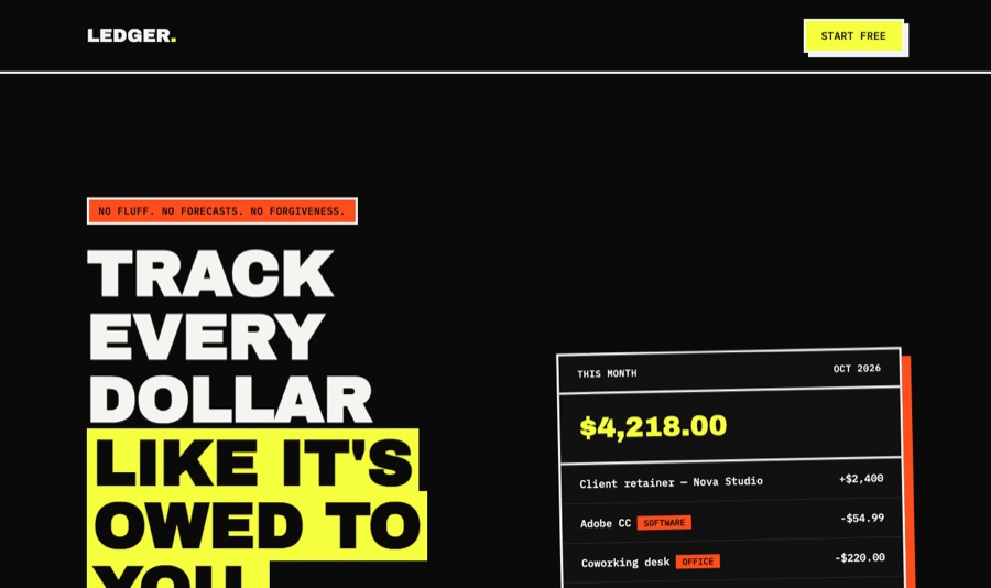 Brutalist mode: a finance dashboard with heavy black type, a yellow highlight block, and hard-edged cards.