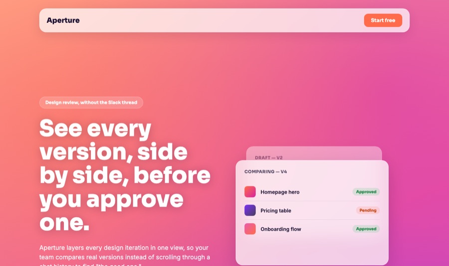 Glassmorphic mode: a design-review tool with soft frosted panels over a warm gradient.